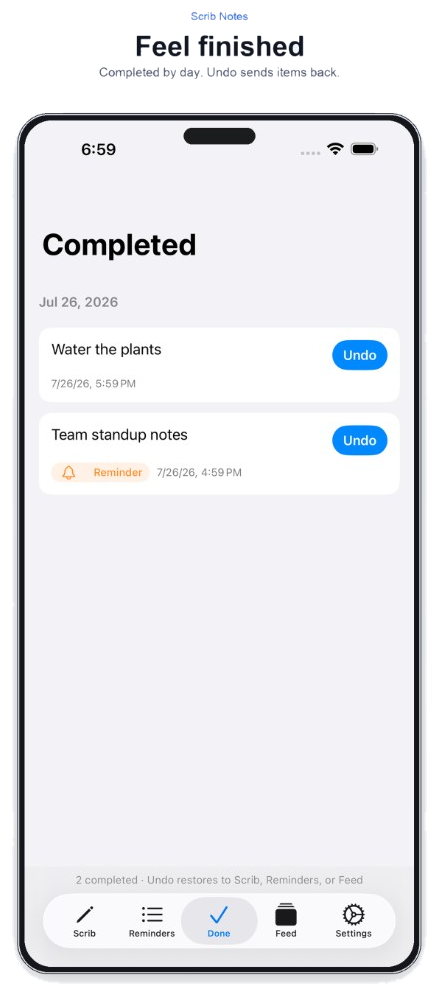 Completed tab listing finished items by day with Undo buttons