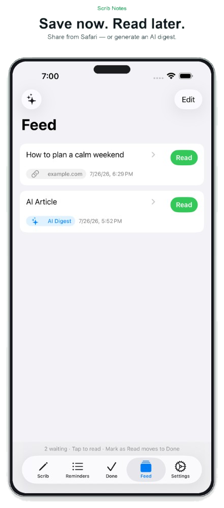 Feed tab with saved articles and an AI Digest item