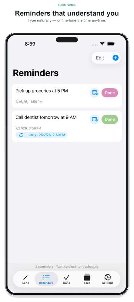 Reminders tab with natural language tasks, early alert tags, and days-until labels