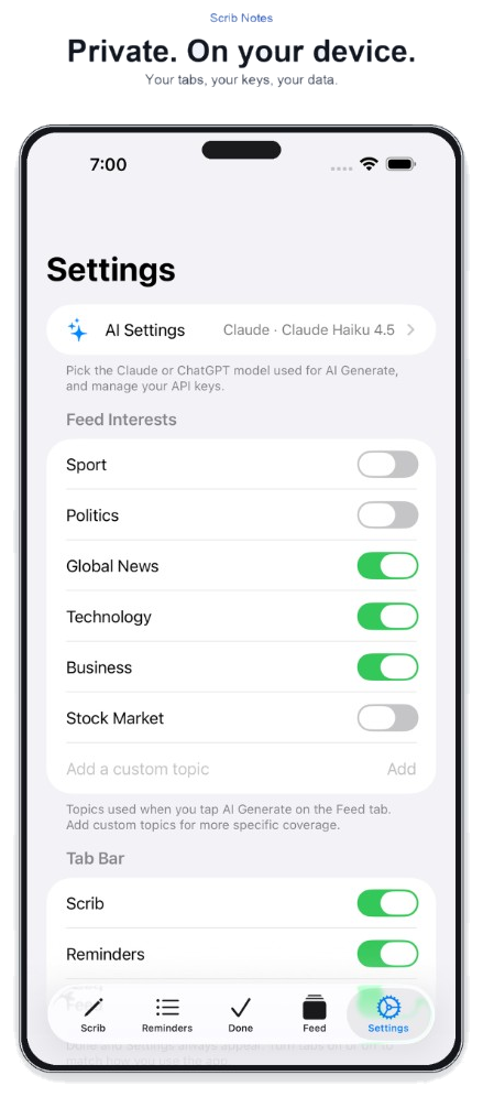 Settings screen with AI model, feed interests, and tab toggles